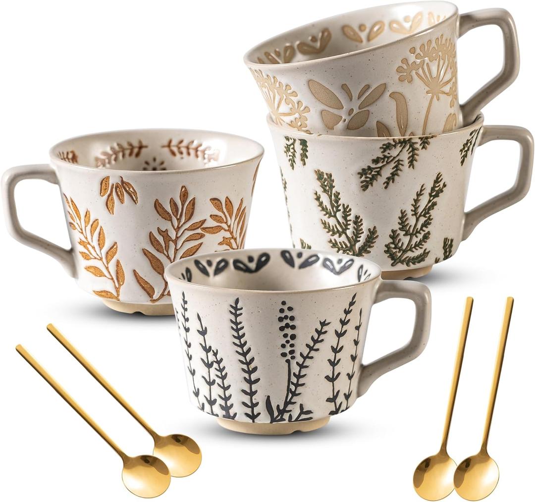 Noevany Ceramic Mugs 11 oz Unique Luxurious Cups Set of 4 with Premium Spoon, Mug for Coffee Milk Latte Cappuccino Tea, for Office Home Dishwasher Birthday Gift Microwave Freezer Safe Stoneware Mixed
