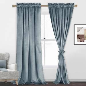 JIUZHEN Stone Blue Velvet Curtains 96 inch Length for Living Room Luxury Noise Reducing Rod Pocket Room Darkening Window Drapes for Bedroom Dining Room, 2 Panels, W52 x L96 inches (52"W x 96"L (Pack of 2))
