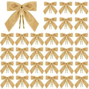 30 Pcs Velvet Bows for Christmas Tree Decorations - Velvet Christmas Ornaments Vintage Wreath Bow for Garland, Gift Wrapping, Wedding Party, Crafts & Home Decor, 1" W,3.5 x 3.5 inch (Khaki)