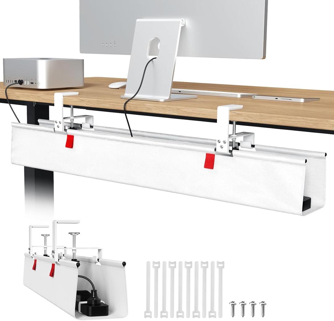 Univivi No Drill Under Desk Cable Management Tray, 36" Cord Organizer for Table, Clamp/Screw Mount Desk Cable Management, Premium Fabric Cable Management Tray for Office, Home (White)