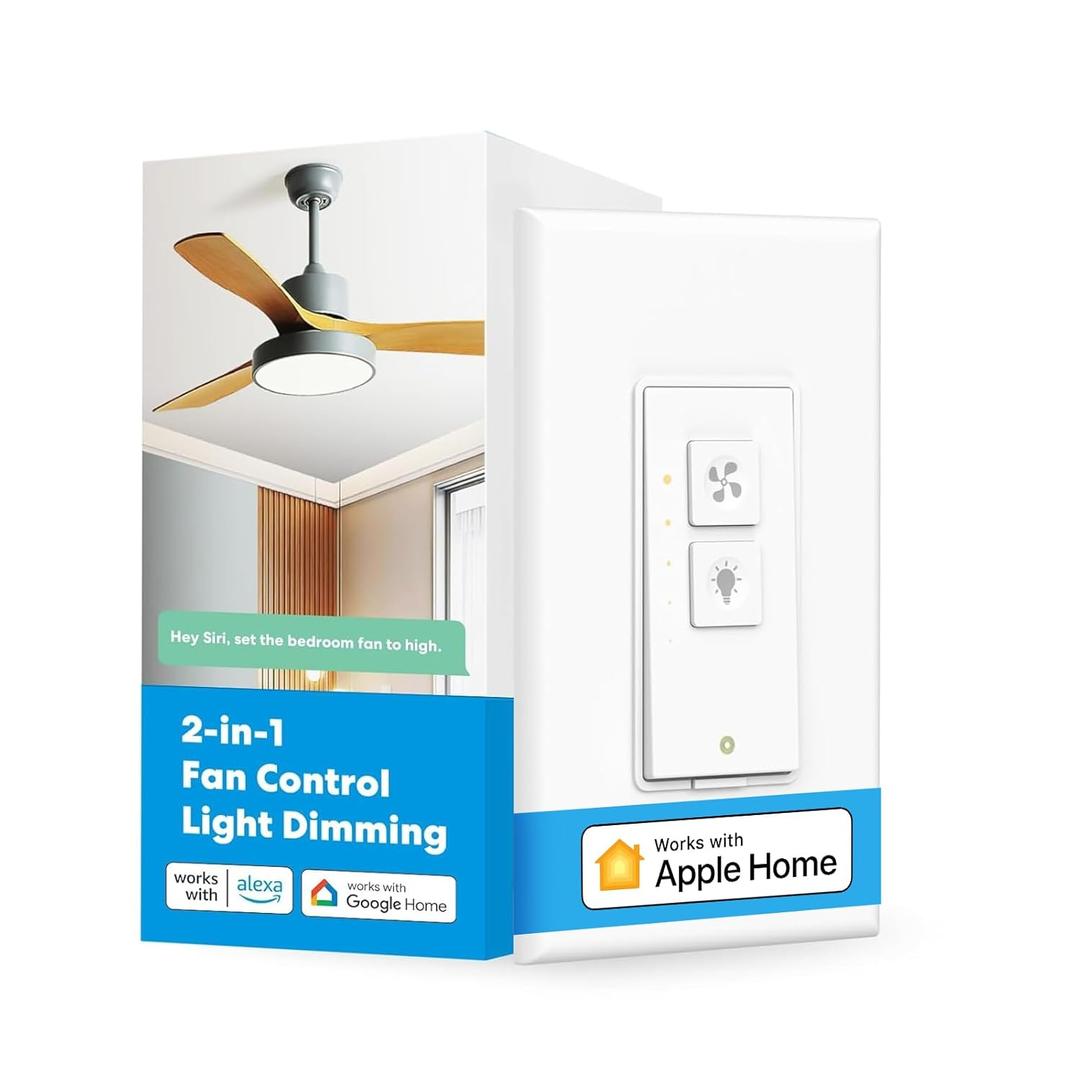 Meross Smart Ceiling Fan Control and Dimmer Light Switch, Supports Apple HomeKit, Siri, Alexa, Google & SmartThings, 2.4G Wi-Fi Fan and Light Switch Combo, Neutral Wire Needed, Single Pole, 1 Pack