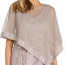 R&M Richards Women's Knee-Length Glitter Sequin Lace Dress W/Sheer Asymmetric Poncho Overlay | Evening Cocktail Attire (Beige)