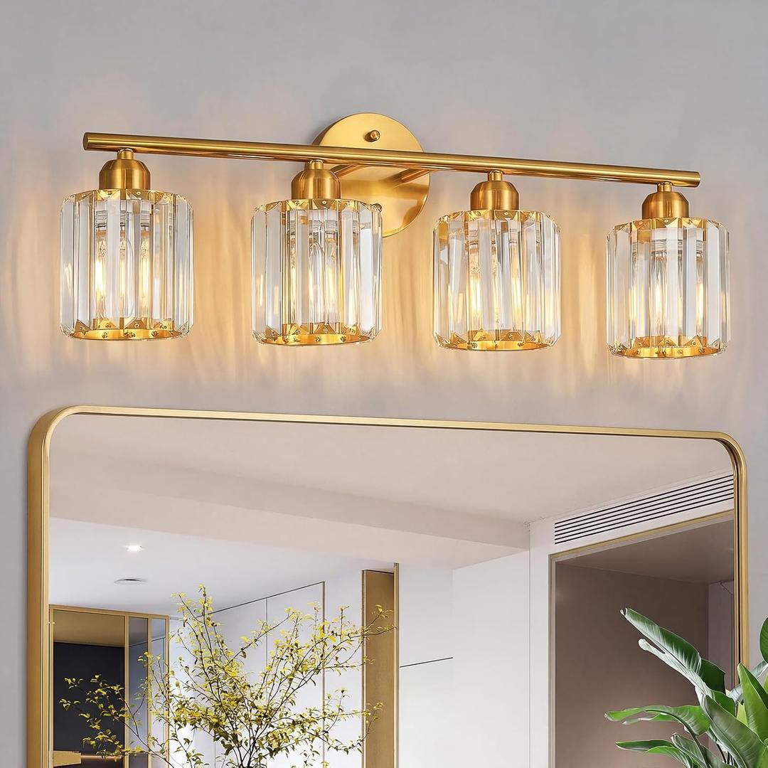 Modern 4 Light Crystal Vanity Light, Brushed Gold Vertical Bathroom Light Fixture Over Mirror for Dressing Table Sink, Compatible with Dimmable Bulbs (Bulbs Not Included)