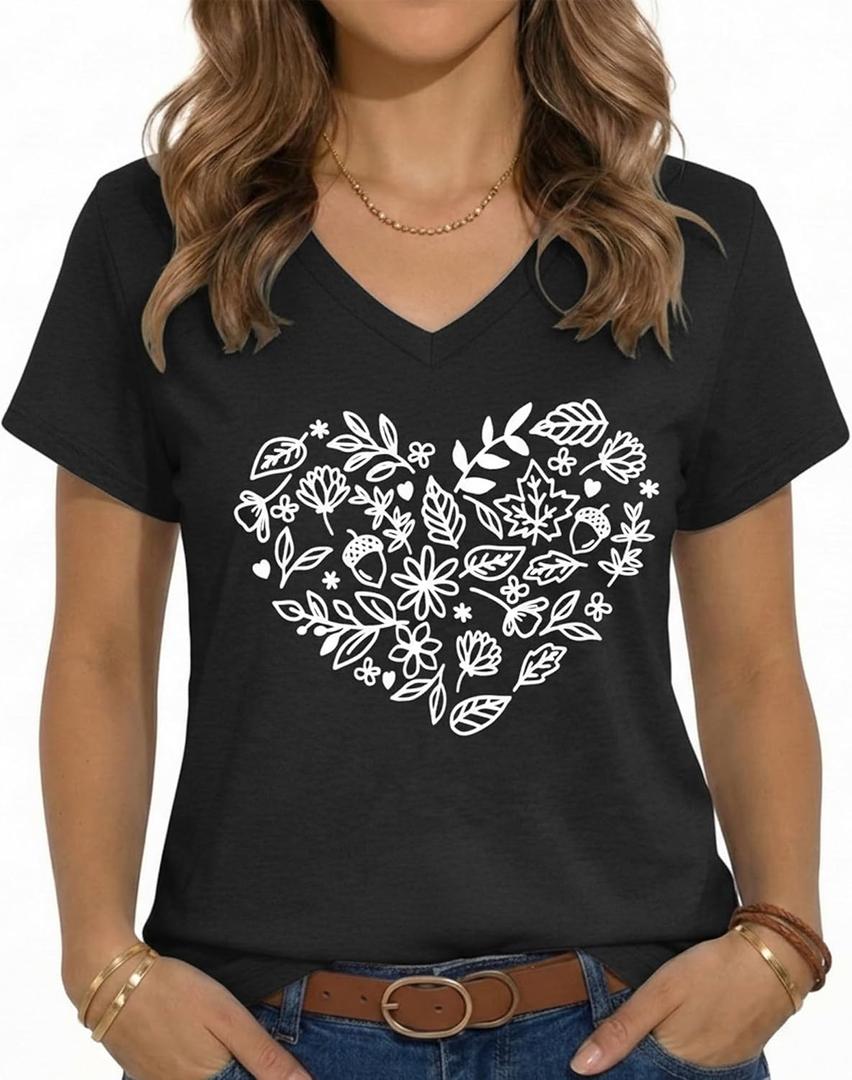 JILUVIN Womens T Shirt Graphic Tees Summer V Neck Short Sleeve Basic Tunic Top 2026, Black, Large