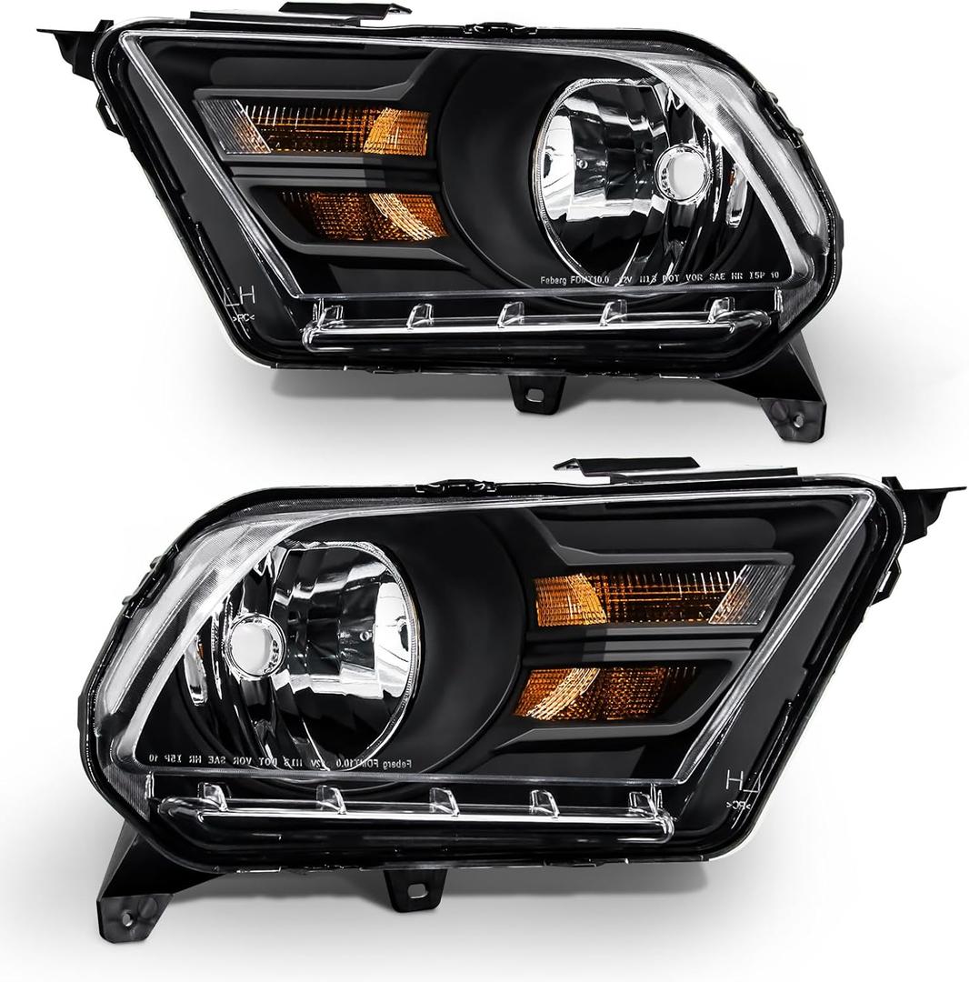 for 2010-2014 Ford Mustang Headlight Assembly compatible with 2010 2011 2012 2013 2014 Mustang Clear Lens Black Housing Amber Reflector Headlamp Replacement Left and RightW/O Bulbs