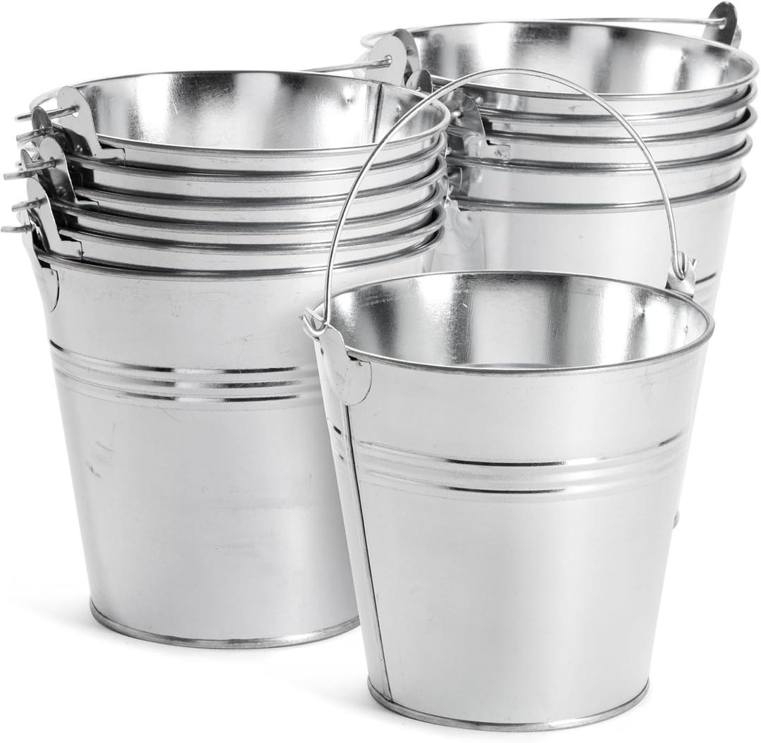 12 Pack Galvanized Metal Buckets with Handles for Party Decorations, Small Tin Pails (4.7 in)