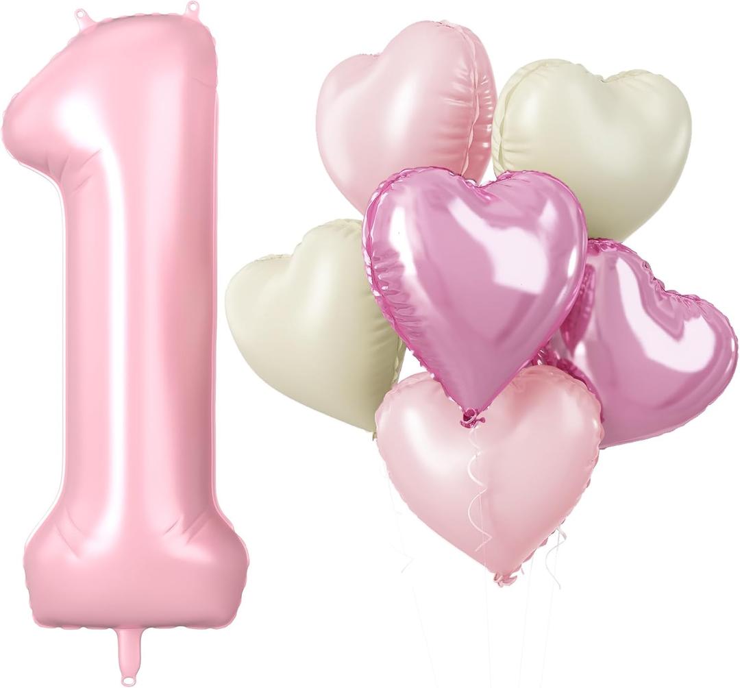 40 Inch Pink 1 Balloons, Large Light Pink Number One Balloon with Pastel Baby Pink Cream Foil Heart Balloons Helium for Girls 1st Birthday Party First One Year Baby Shower Princess Party Decorations