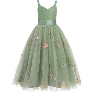 Flower Girls Dress Spaghetti Strap V-neck Tulle Princess Maxi Gown Kids Wedding Bridesmaid Formal Dress, Size 160