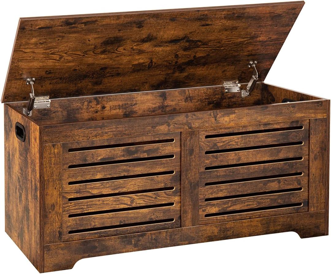 DINZI LVJ Storage Chest, 43.3 Wooden Toy Box with 2 Safety Hinges, Retro Entryway Shoe Storage Bench with Flip-Top, Sturdy Large Storage Trunk for Living Room, Bedroom, Easy Assembly, Rustic Brown