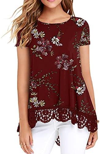QIXING Women Tops Lace Trim O Neck A Line Tunic Blouse, S