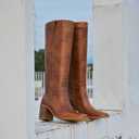 ISNOM Knee High Boots Women Chunky Low Heel Square Toe Elastic Boots Side Zipper Faux Leather Fall Long Tall Boot (6, A-reddish Brown)