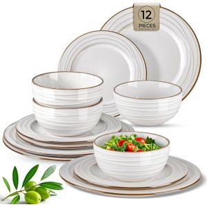 GBHOME Ceramic Dinnerware Sets,12 pcs Embossed Elegant Stoneware Plates and Bowls Sets, Housewarming Wedding Gift | Dishwasher & Microwave Safe | Dishes Set Service for 4 (Pearl White-Wave)