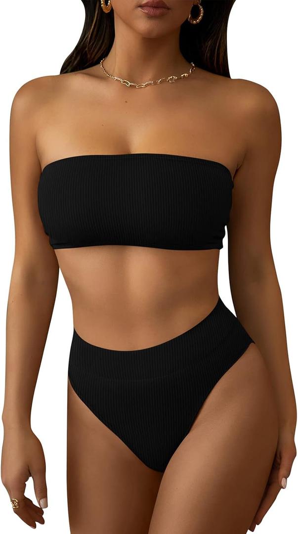 Pink Queen Women's Ribbed High Waisted Bikini Set Removable Strap Bandeau Swimsuit (L)
