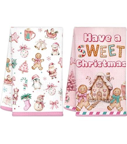 Decor Christmas Kitchen Towels Set of 2 Christmas Tree Candy Cane Pink Absorbent Hand Towel Dish Towels for Kitchen Home Decoration 18x26 Inch 