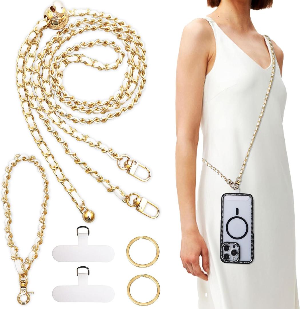 Universal Crossbody Phone Strap, Metal Cell Phone Chain Leather Anti-Theft Crossbody Lanyard (Gold & white)