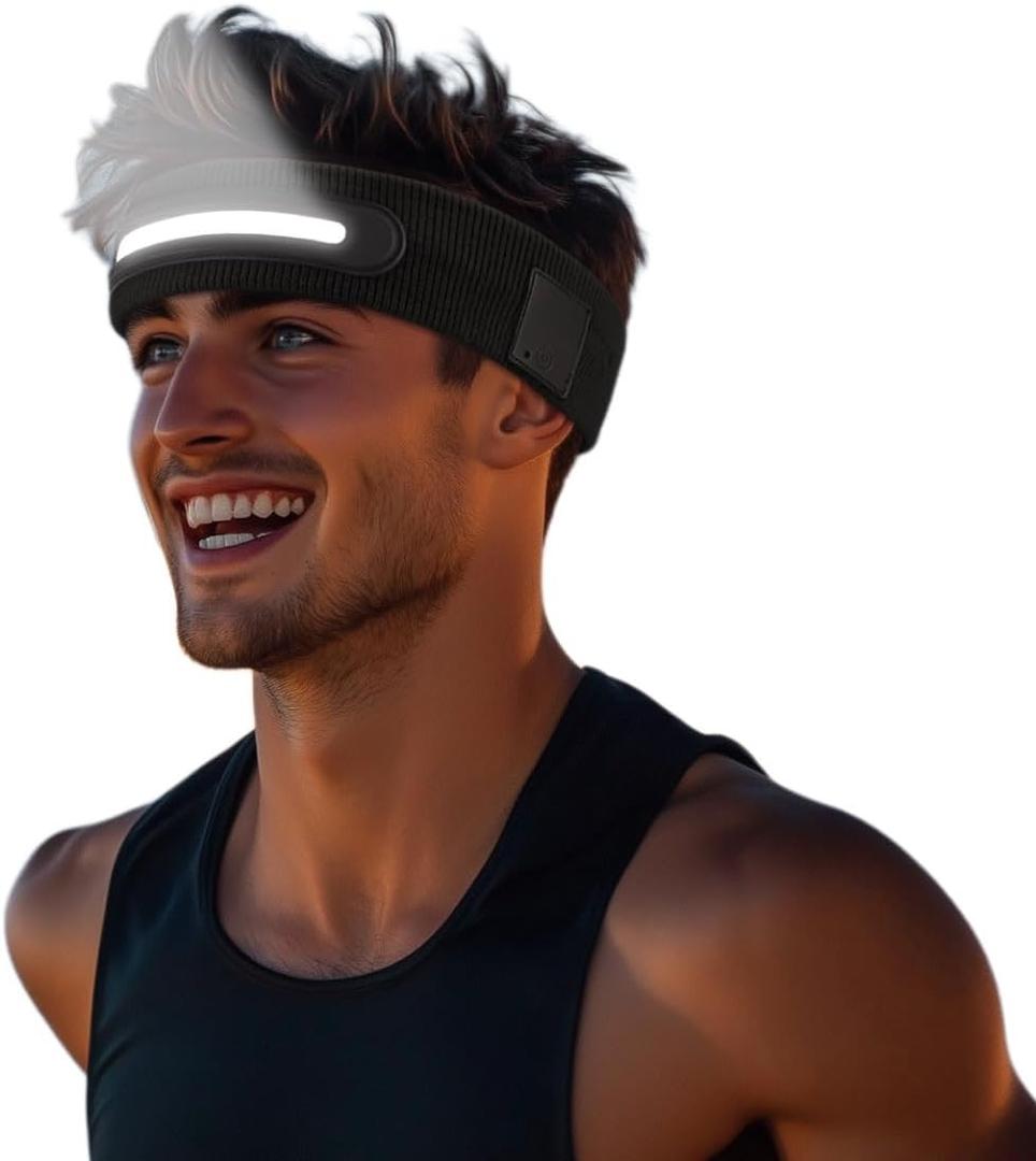 LED Sports Headband, 3 Light Modes, 2-in-1 Design for Running, Tennis, Camping, CyclingUnisex Gift for Men, Women (Black)