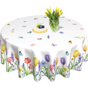 KORVITA Spring Flower Round Tablecloth 60inch Tulip Floral Watercolor Butterfly Tablecloths for Farmhouse Home Rustic Living Room Indoor and Outdoor Round Tables Decorations