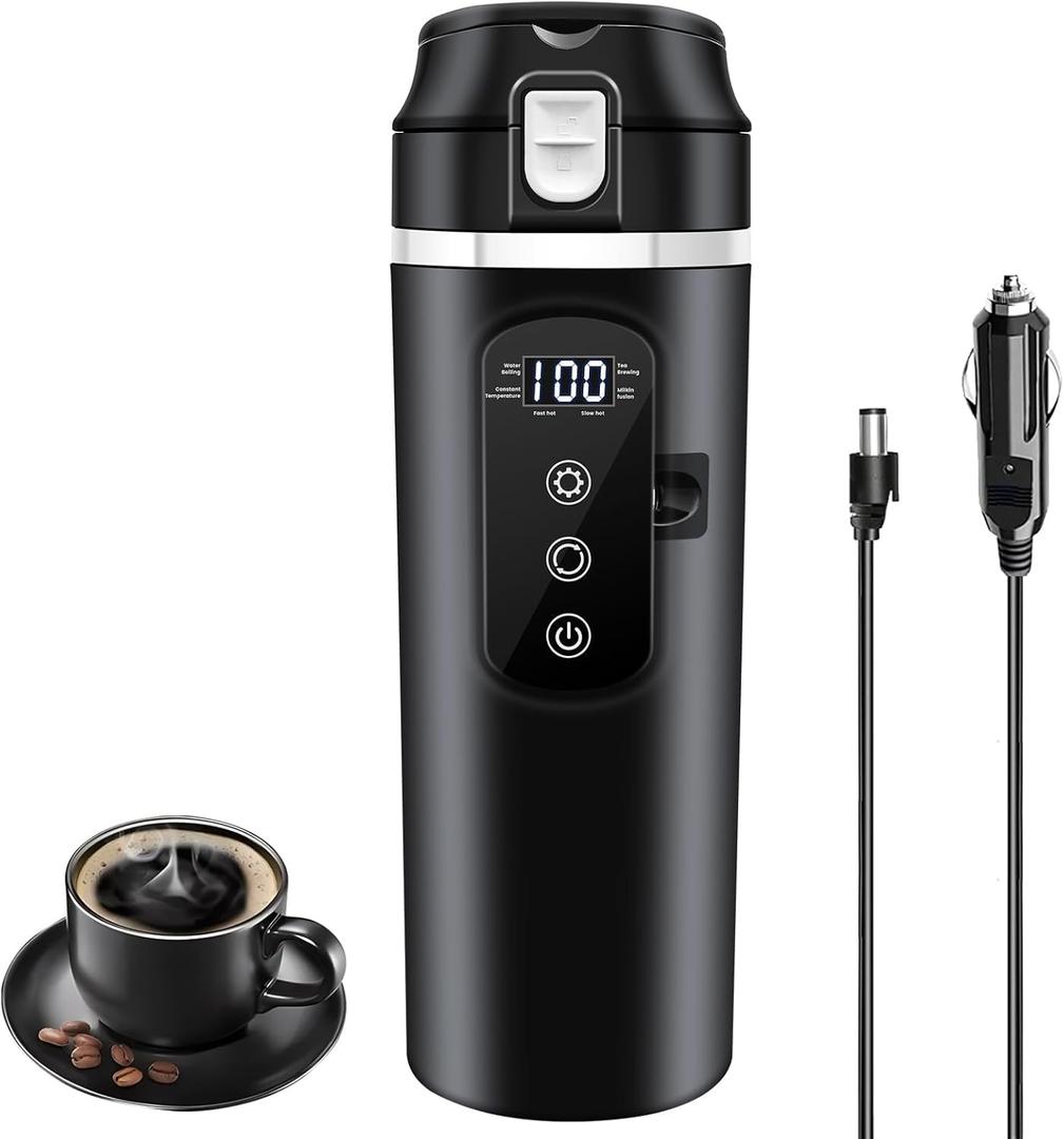 DC 12V/24V Car Travel Electric Kettle, 400ml Car Heating Mug with Anti-Spill Lid, Leak-proof, 304 Stainless Steel Liner Portable Coffee Tea Cup Up to 100 Variable Temp Control Bottle