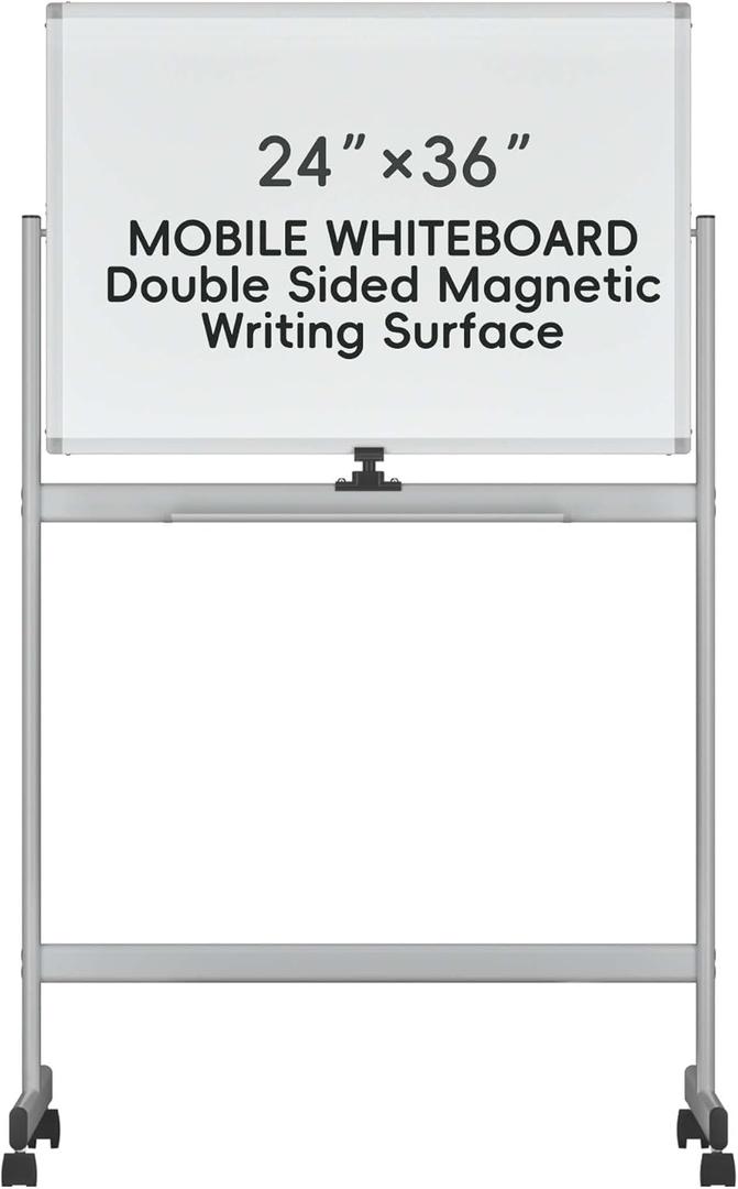 INNOVART Mobile Whiteboard 36" x 24", 360 Reversible Double Sided Magnetic Dry Erase Board with Portable Rolling Stand on Wheels, Easel Standing Board with Aluminum Frame (Silver)