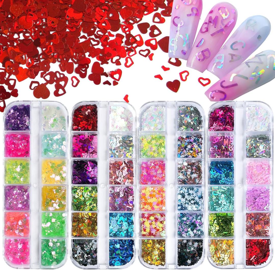 2 x LuckForever 4 Boxes Iridescent Spring/Summer Glitter Sequins Holographic Letter Glitter Peach Heart/Pentagram Glitter Mixed Glitter DIY Design Manicure Decorations Sets for Nail Art/Craft/Makeup. (colored)