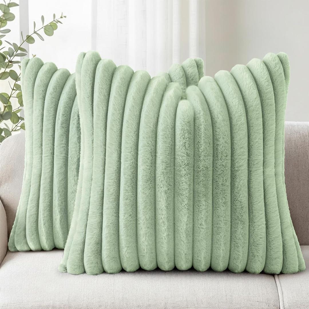 Simmore Faux Fur Euro Sham Couch Throw Pillow Covers 22x22 Set of 2, Decorative Soft Striped Plush Pillow Covers with Velvet Back for Sofa Bed Living Room, Sage Green