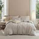 JIYUAN 100% Washed Cotton Pinstripe Duvet Cover Set King Size 104"x90", Linen-Like Soft Breathable Durable Bedding Set with Zipper Closure, All Season, Taupe/White