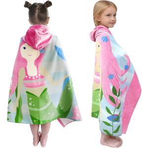 growell Kids Hooded Bath Towel-Soft Thick 100% Cotton Hooded Beach Towel for Kids 3-10 Years,Absorbent Fast-Drying Cute Toddler Bath & Swim Towel,for Boys & Girls 30"x50"(Mermaid Pink)