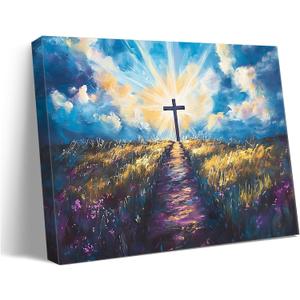BingruiArt Christ Jesus Wall Art Christian Cross Canvas Navy Blue Decor Easter Painting Crosses Picture Print Poster for Prayer Room Living Room Bedroom Office Church Ready to Hang 12x16in Framed