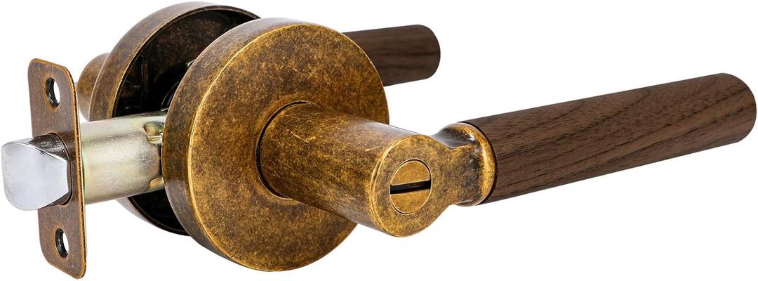 Walnut Wood Privacy Door Lever - Reversible Keyless Locksets Door Handles for Interior Bedrooms&Bathrooms Room Door Lock Zinc Alloy Base (1 Pack, Aged Brass, Privacy)