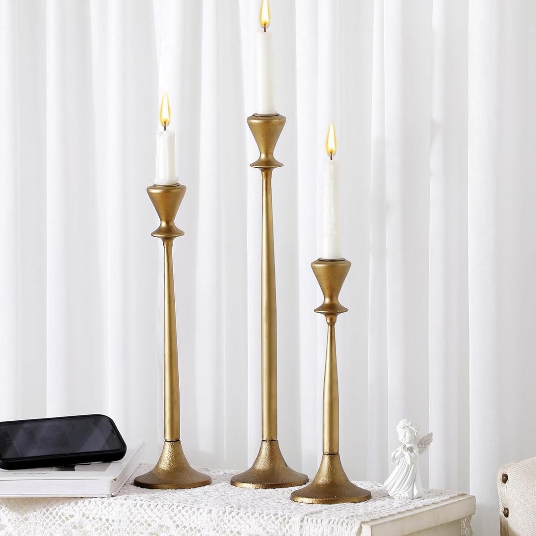 Newtay Set of 3 Vintage Gold Iron Taper Candlestick Holder Tall Brass Candle Holder Decorative Candle Stand, Candlestick Holder for Wedding, Dinning, Party (Antique Brass)
