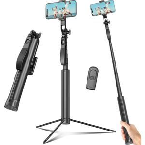 Selfie Stick Travel Tripod for Cell Phone with Remote Control and Phone Holder, Extendable Selfie Stick for iPhone, iPhone Tripod for Video Recording, 72 Inch, Black