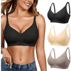 Seamless Jelly Bras for Women 3 Pack - Deep V Wireless Push Up No Wire Womens Bra Padded Comfort with Support for Gifts (Large, Black+skin+gray)