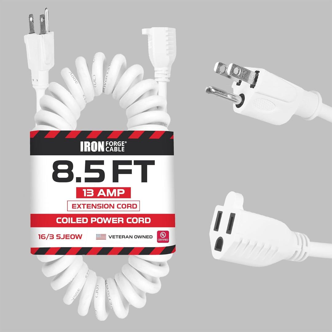 Iron Forge Cable SJEOW White Outdoor Coiled Extension Cord 8 ft, 16/3 13 Amp Oil Resistant & Flame Retardant 3 Prong Coiled Wire for Outdoor & Indoor