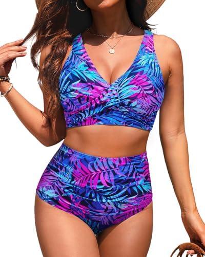 High Waisted Two Piece Swimsuit-Womens Bikini Set Tummy Control Bathing Suit Modest Full Coverage Bikini 2025, Large
