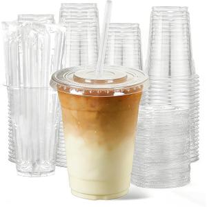 100 Pack 12oz Clear Plastic Cups with Lids and Straws, [Leak-Proof & Snug Fit] Disposable Iced Coffee Cups for Smoothies, Bubble Tea and Cold Drinks, BPA Free Crystal Clear PET Tumblers