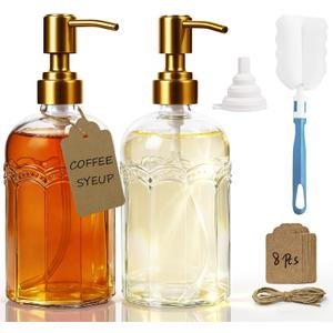 Coffee Syrup Dispenser Set of 2, 13.5 oz (400ml) Glass Bottles with Antique Bronze Stainless Steel Pump, Coffee Bar Syrup Pump Dispensers with Funnel, Cleaning Tools & Tags