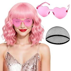 PLULON Pink Wavy Bob Wigs with Bangs Heart Sunglasses Hair Cap for Women, Colored Synthetic Hair Short Bob Loose Curly Shoulder Length Wigs for Costume Bachelorette Party Music Festival