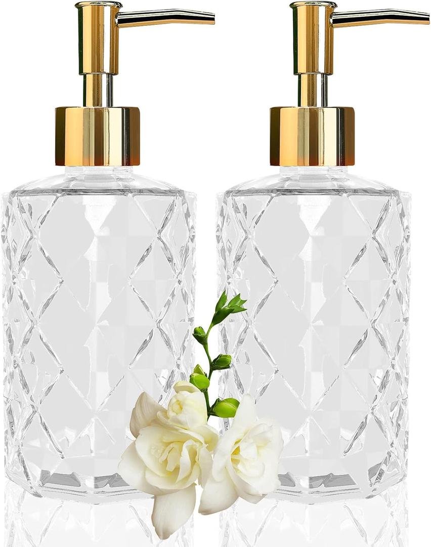 Clear Glass Soap Dispenser with Gold Plastic Pump, 2 Pack 12oz Diamond Hand Soap Dispenser, Refillable Lotion Dispenser & Dish Bathroom Dispenser for Liquid, Shower Gel