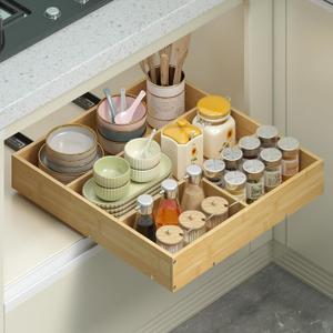 No Drill Pull Out Drawers for Cabinets, 20" W x 21" D Bamboo Adhesive Cabinet Organizer, Slide Out Shelves for Kitchen Pantry Bathroom Storage