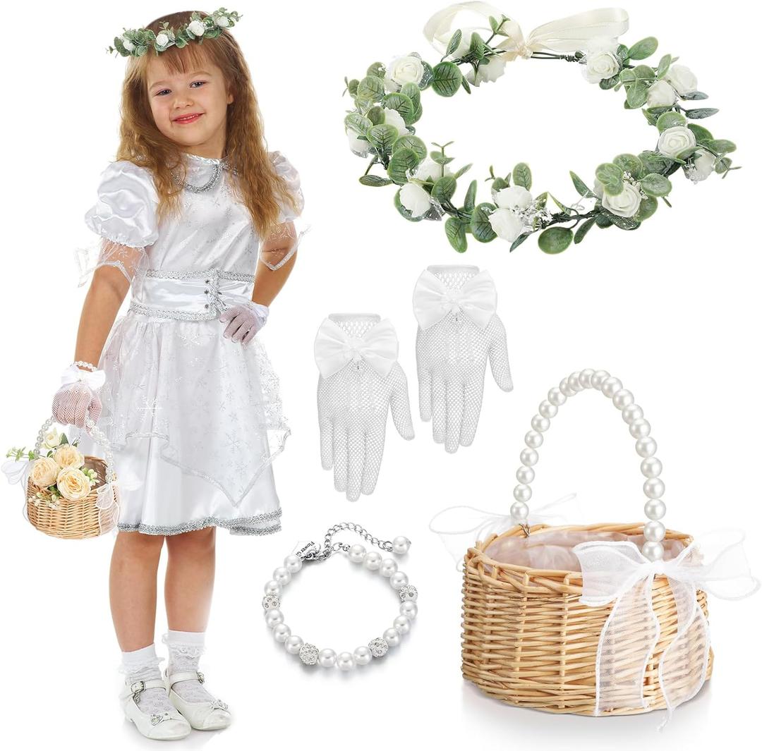 Riceshoot 4 Pack Flower Girl Baskets Set Flower Girl Jewelry Wedding Accessories Headband Bracelet Baskets Gloves (Rustic)
