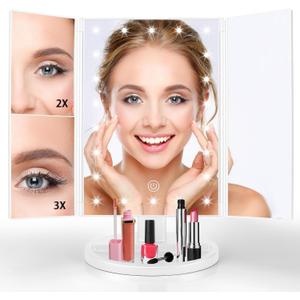 JAMIEWIN Lighted Makeup Mirror 3X/2X/1X Magnification 21 LED Trifold Vanity Mirror with Touch Sensor Dimming Portable Travel Mirror Best Xmas Gifts for Women Girls (White)