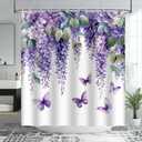 Purple Floral Butterfly Shower Curtain Lavender Weeping Wisteria Blossom Vine Spring Watercolor Fabric Bathroom Decor Curtain with Hooks, 70Wx70H