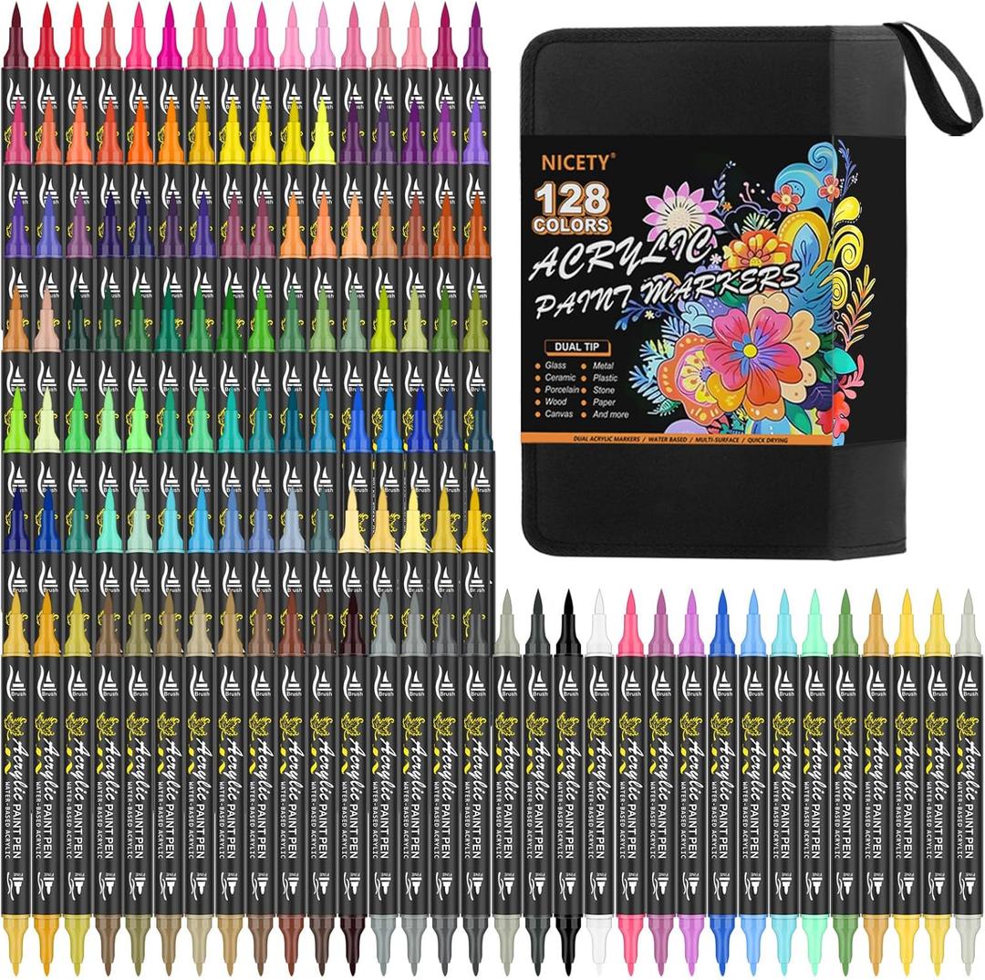 NICETY 128 Acrylic Paint Markers, Dual Tip Brush Paint Pens for Rock Painting, Wood, Glass, Stone, Canvas, Ceramic, Fabric - Fine & Brush Tip Water Based Acrylic Markers Pens