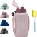 64oz Foldable Silicone Water Bottle with Straw, BPA-Free Motivational Time Marker, Leakproof Collapsible Water Jug with Handle for Gym, Sports, Camping & Outdoor Activities (Pink)