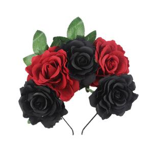 Women's Rose Flower Headband Artificial Flower Hairband Mexico Floral Crown Headpiece (Black Red, Pack of 1)