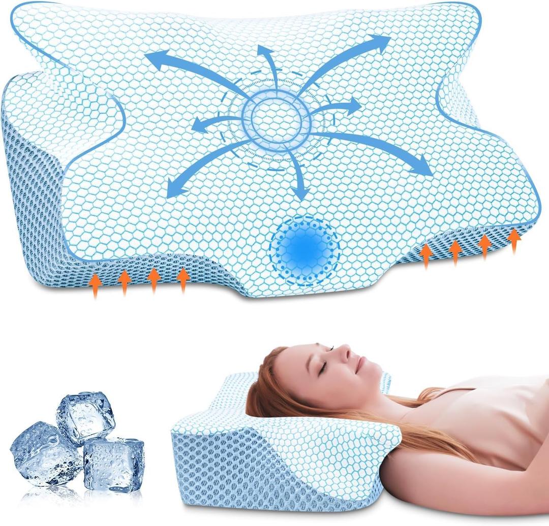 Anvo Cervical Pillow for Neck Pain Relief, Memory Foam Pillows for Neck and Shoulder Pain, Orthopedic Ergonomic Design for Sleeping, Suitable for Side Back and Stomach Sleeper, Cyan Soft (SOFT - Queen(24.01 x 15.9 x 5.1/4.6)Inch)