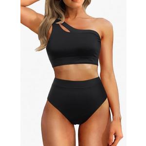 Tempt Me Women One Shoulder High Waisted Bikini Color Block Two Piece Swimsuits Cutout 2 Piece Bathing Suit, L
