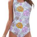 Athletic One Piece Swimsuits for Women Tummy Control Bathing Suits or Teen Girls Swimwear (14-16, Purple Flower)