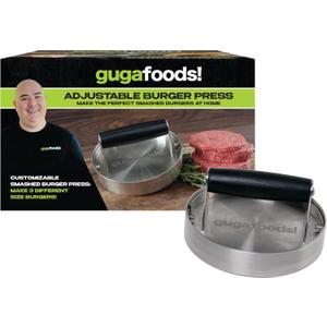 Guga Foods- Adjustable Burger Press, Stainless Steel Hamburger and Smashed Burger Press, Patty Maker for Grilling and Griddle, 3 Size Patties, Wooden Handle
