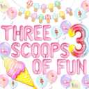 Threenager Ice Cream Birthday Decorations Sweet Banner Cupcake Toppers with Balloon Garland Banner Cupcake Toppers Sprinkle Balloons for 3rd Birthday Girls Three is So Sweet Theme